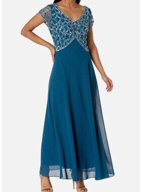 J Kara Women's Short Sleeve Geo Long Beaded Gown AQUA 18W